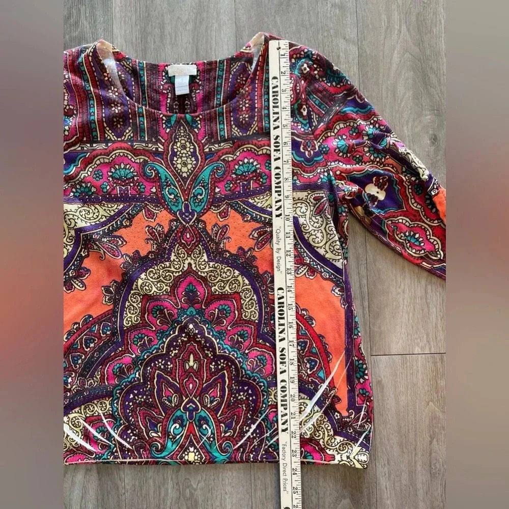 Chico’s Multicolor Jeweled Ruched Tie Sleeve Blouse Women’s Size 1 or Medium 8 - Picture 8 of 9